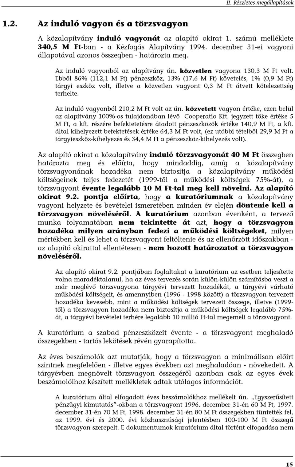 Ebből 86% (112,1 M Ft) pénzeszköz, 13% (17,6 M Ft) követelés, 1% (0,9 M Ft) tárgyi eszköz volt, illetve a közvetlen vagyont 0,3 M Ft átvett kötelezettség terhelte.