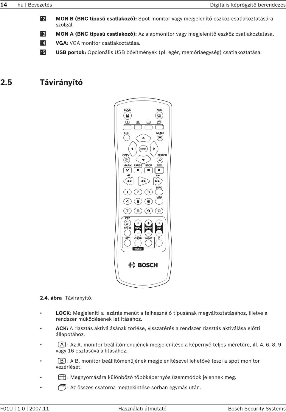 egér, memóriaegység) csatlakoztatása. 2.5 Távirányító 2.4. ábra Távirányító. LOCK: Megjeleníti a lezárás menüt a felhasználó típusának megváltoztatásához, illetve a rendszer működésének letiltásához.