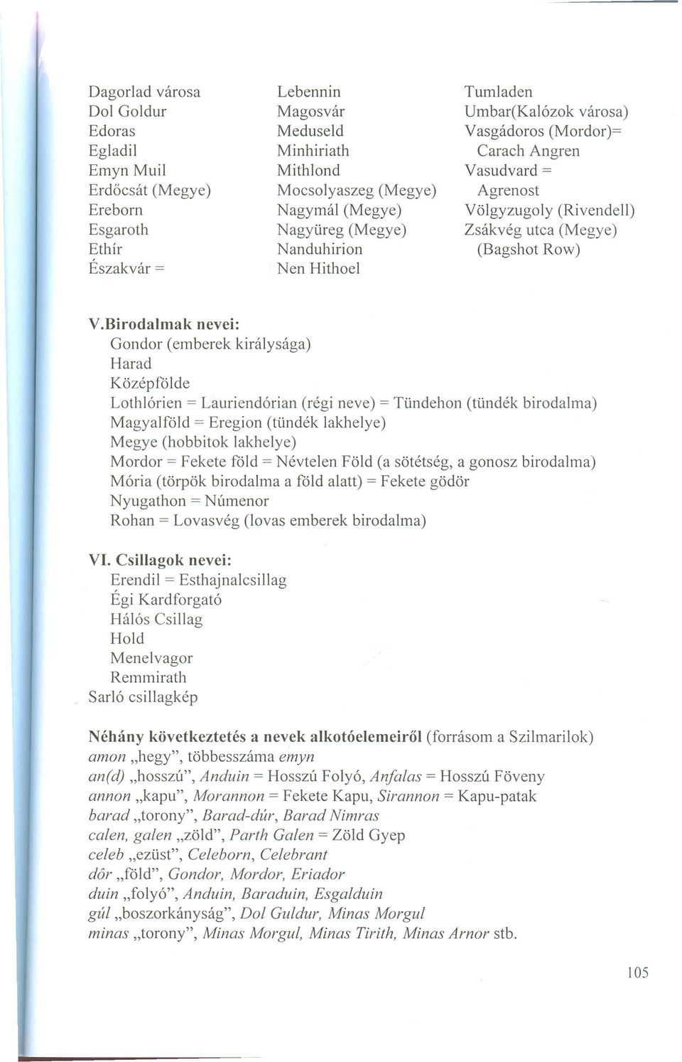 Birodalmak nevei: Gondor (emberek királysága) Harad Középfölde Lothlórien = Lauriendórian (régi neve) = Tündehon (tündék birodalma) Magyalföld = Eregion (tündék lakhelye) Megye (hobbitok lakhelye)