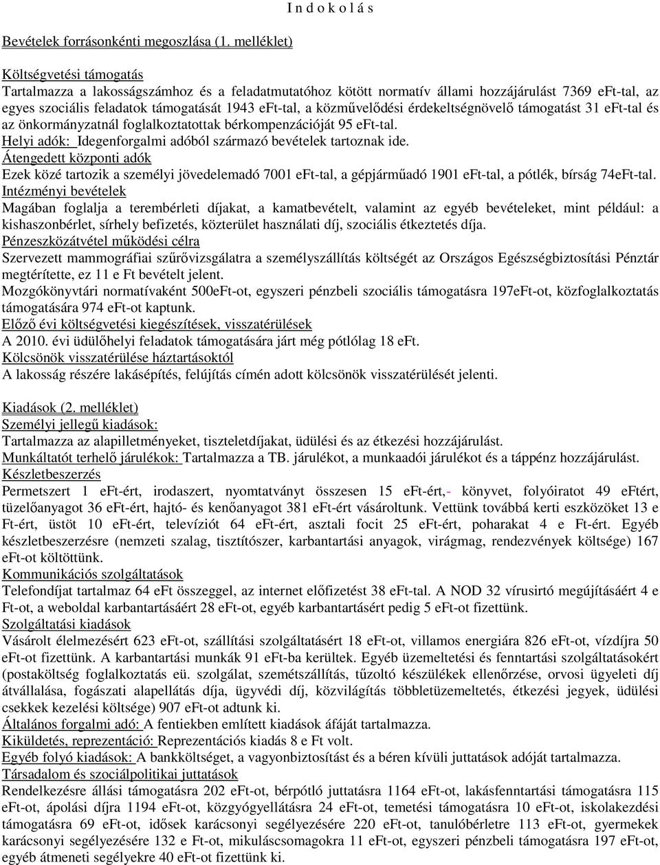 1943 eft-tal, a közmővelıdési érdekeltségnövelı támogatást 31 eft-tal és az önkormányzatnál foglalkoztatottak bérkompenzációját 95 eft-tal.