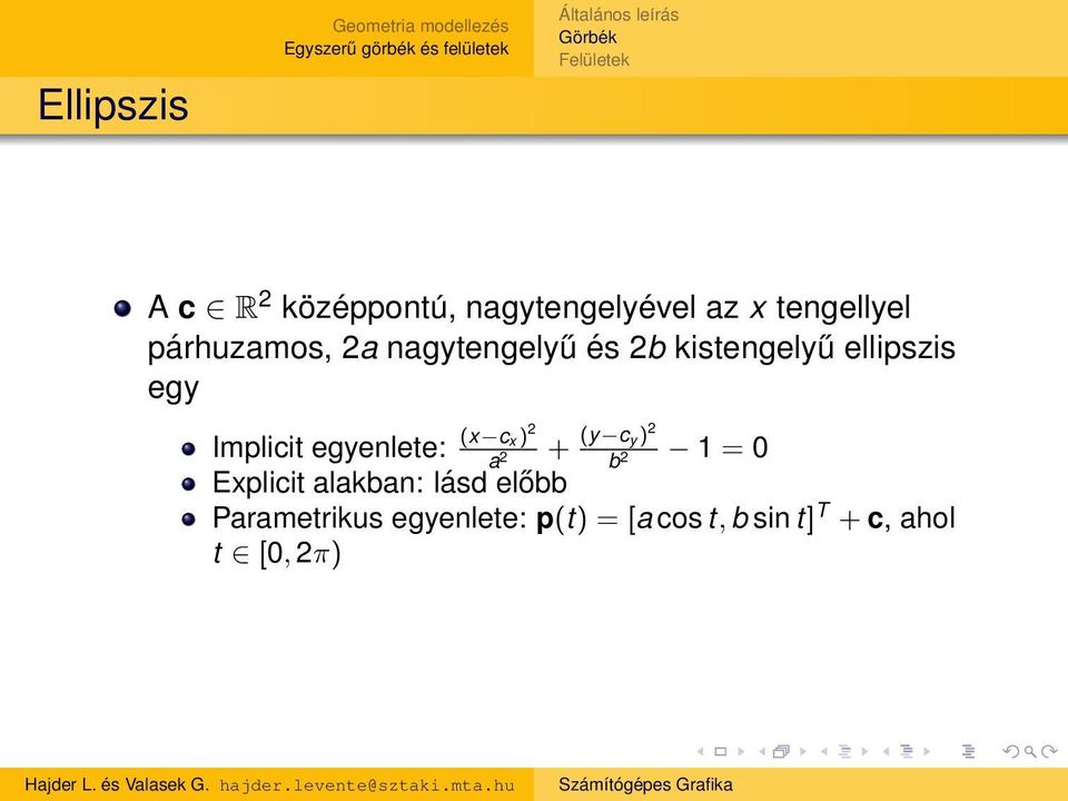 cx )2 (y cy )2 Implicit egyenlete: + 1 = 0 a 2 b 2 Explicit alakban: lásd