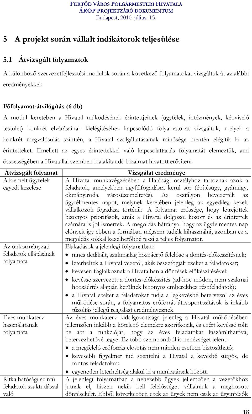 működésének érintettjeinek (ügyfelek, intézmények, képviselő testület) konkrét elvárásainak kielégítéséhez kapcsolódó folyamatokat vizsgáltuk, melyek a konkrét megvalósulás szintjén, a Hivatal