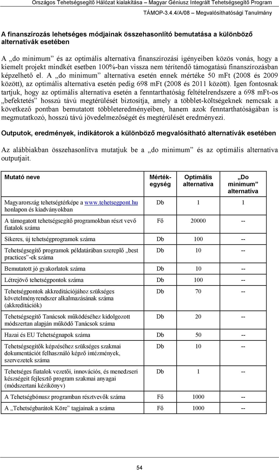 A do minimum alternatíva esetén ennek mértéke 50 mft (2008 és 2009 között), az optimális alternatíva esetén pedig 698 mft (2008 és 2011 között).