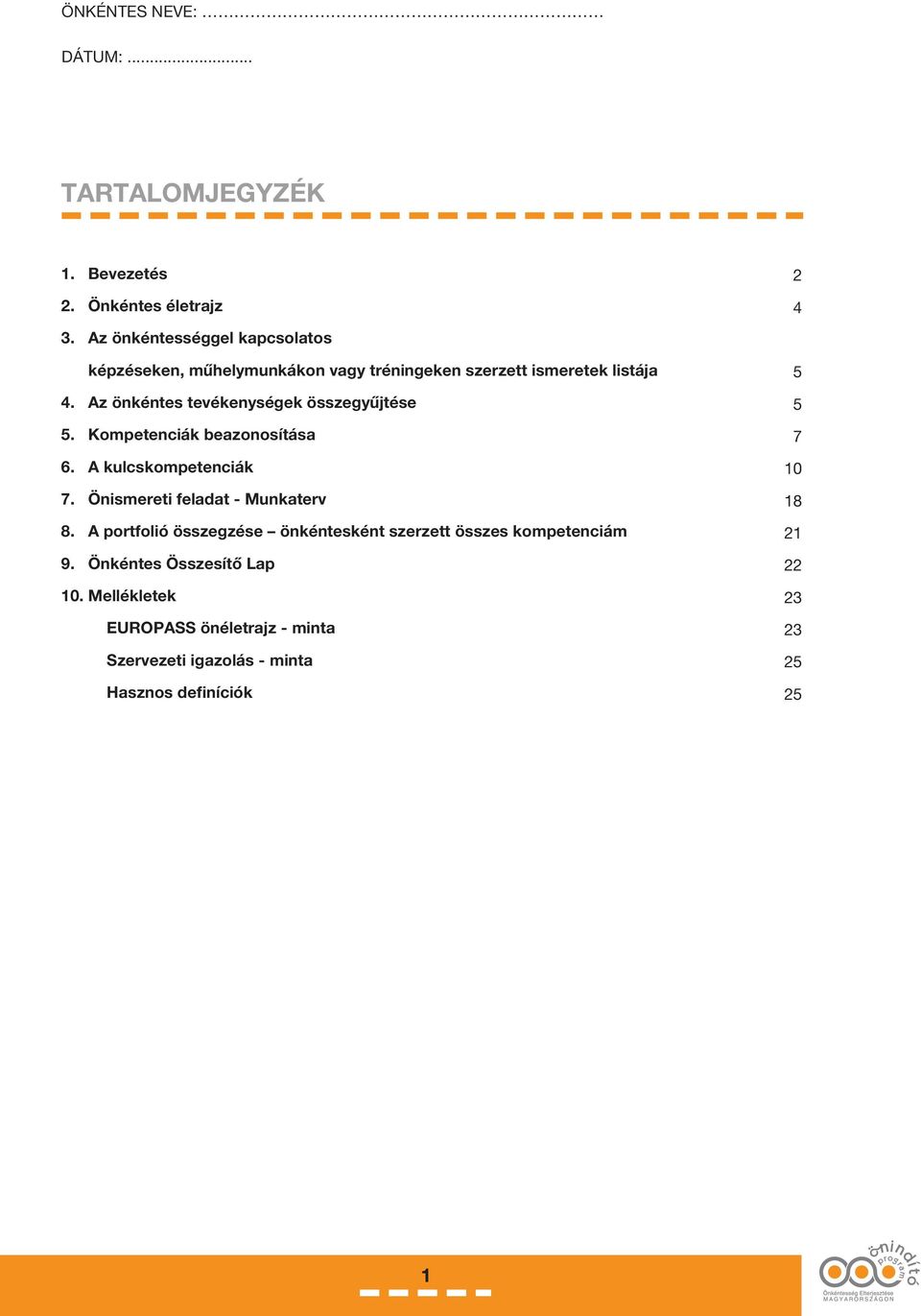 Az önkéntes tevékenységek összegyűjtése 5. Kompetenciák beazonosítása 6. A kulcskompetenciák 7. Önismereti feladat - Munkaterv 8.