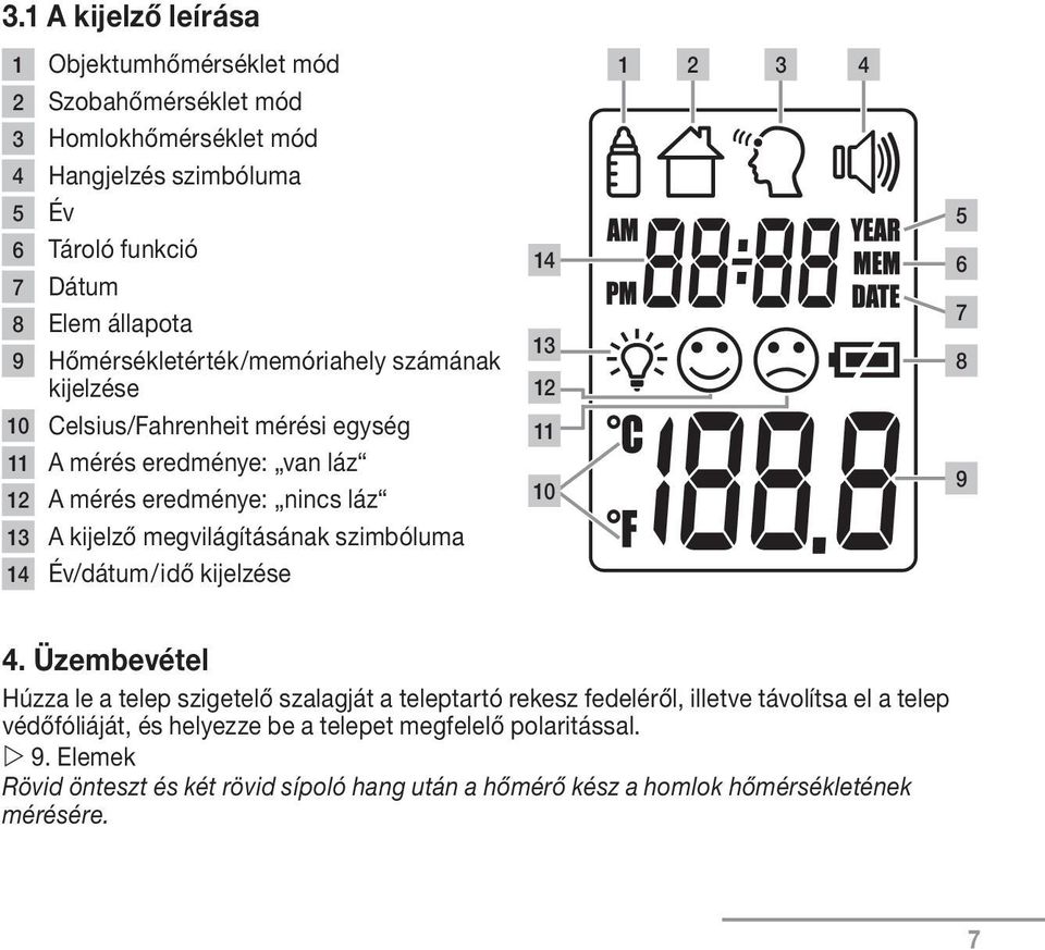 kijelző megvilágításának szimbóluma 14 Év/dátum / idő kijelzése 5 6 7 8 9 4.