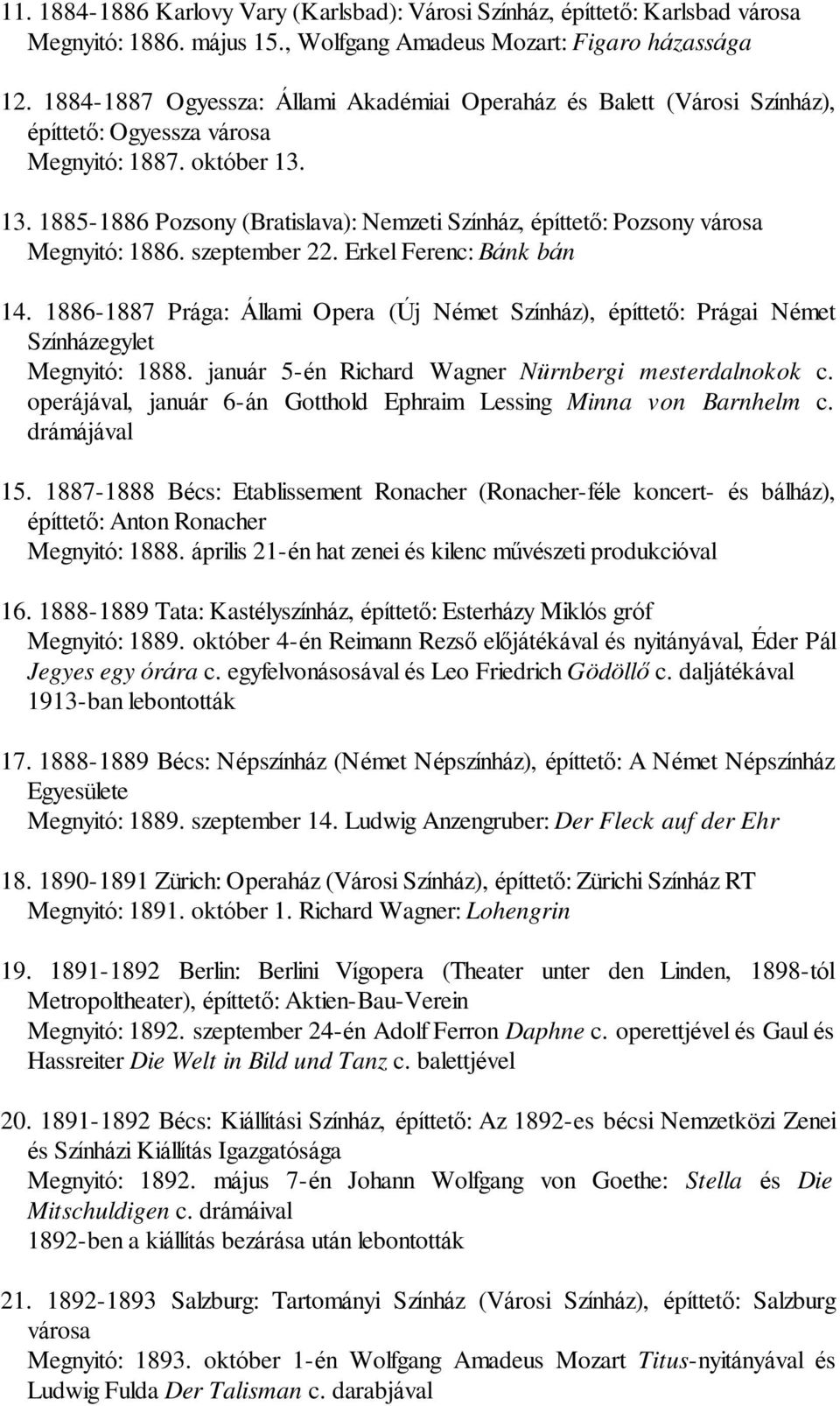 13. 1885-1886 Pozsony (Bratislava): Nemzeti Színház, építtetõ: Pozsony városa Megnyitó: 1886. szeptember 22. Erkel Ferenc: Bánk bán 14.