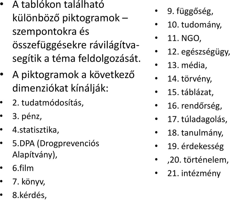 DPA (Drogprevenciós Alapítvány), 6.film 7. könyv, 8.kérdés, 9. függőség, 10. tudomány, 11. NGO, 12.