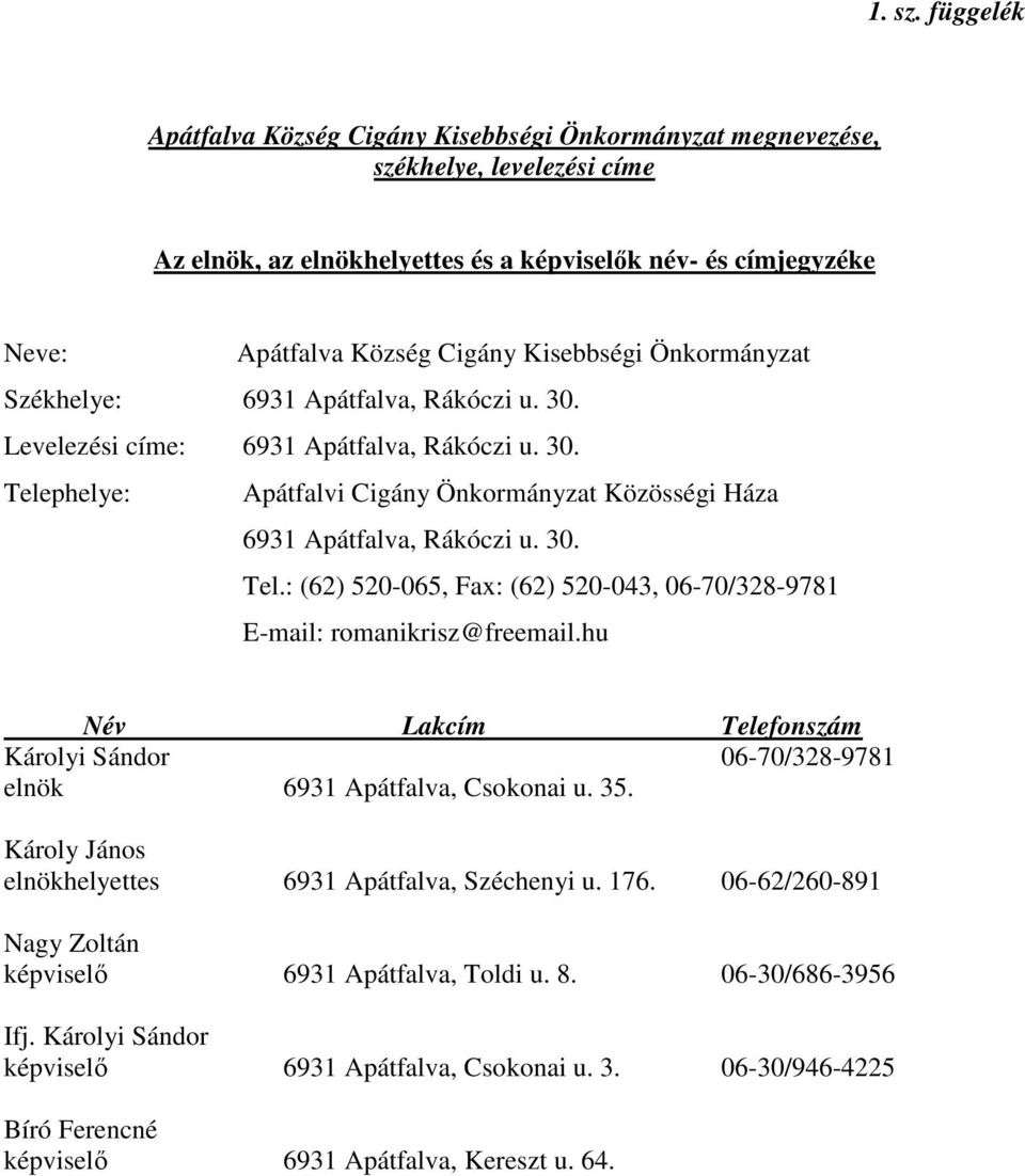 Kisebbségi Önkormányzat Székhelye: 6931 Apátfalva, Rákóczi u. 30. Levelezési címe: 6931 Apátfalva, Rákóczi u. 30. Telephelye: Apátfalvi Cigány Önkormányzat Közösségi Háza 6931 Apátfalva, Rákóczi u.