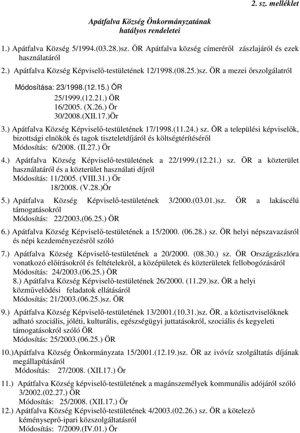 ) Apátfalva Község Képviselı-testületének 17/1998.(11.24.) sz. ÖR a települési képviselık, bizottsági elnökök és tagok tiszteletdíjáról és költségtérítésérıl Módosítás: 6/2008. (II.27.) Ör 4.