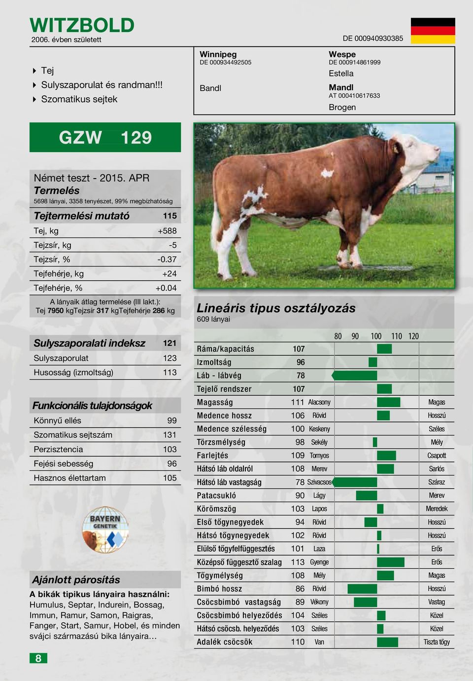 mutató 115 Tej, kg +588 Tejzsír, kg -5 Tejzsír, % -0.37 Tejfehérje, kg +24 Tejfehérje, % +0.04 A lányaik átlag termelése (III lakt.