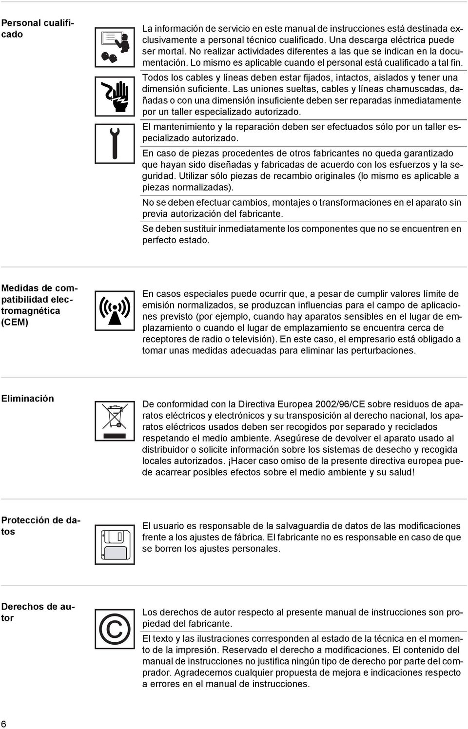 Todos los cables y líneas deben estar fijados, intactos, aislados y tener una dimensión suficiente.