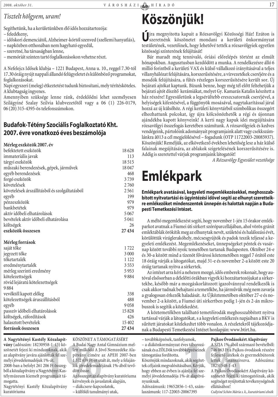 társaságban lenne, memóriát szinten tartó foglalkozásokon vehetne részt. A Nefelejcs Idõsek klubja 1221 Budapest, Anna u. 10., reggel 7.30-tól 17.