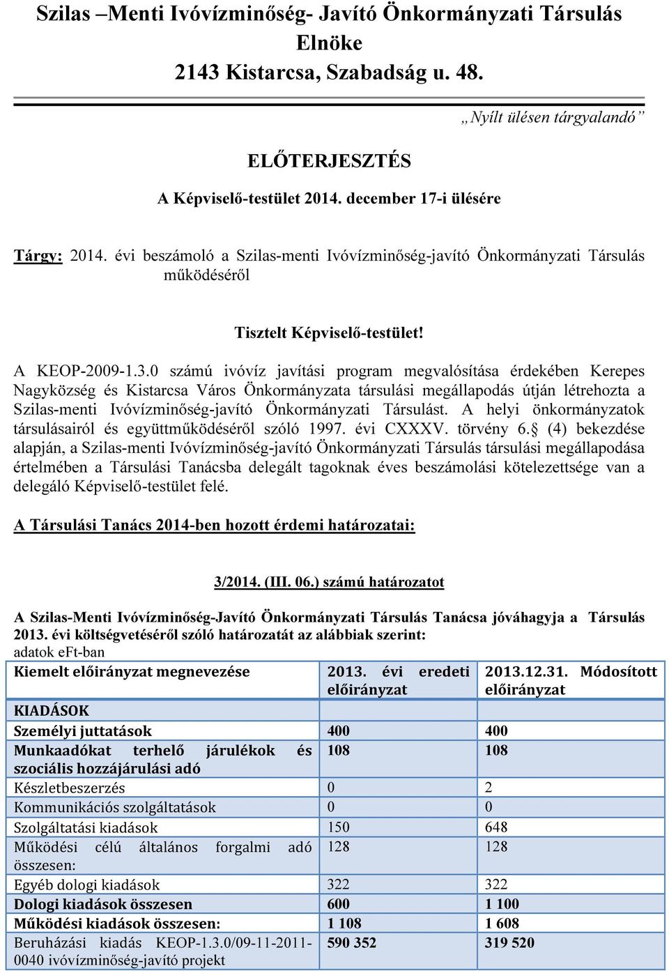 0 számú ivóvíz javítási program megvalósítása érdekében Kerepes Nagyközség és Kistarcsa Város Önkormányzata társulási megállapodás útján létrehozta a Szilas-menti Ivóvízminőség-javító Önkormányzati