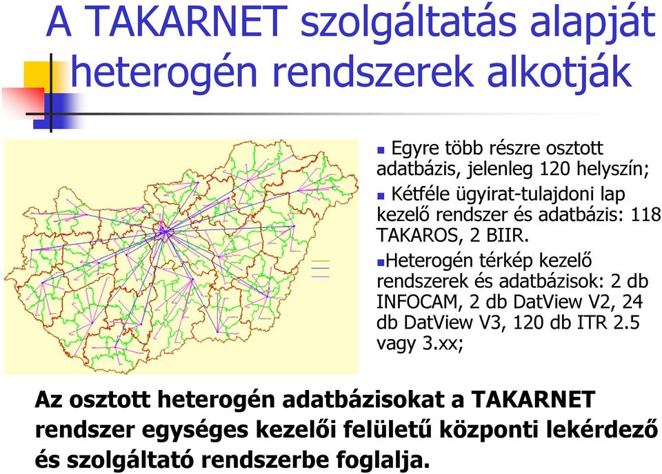 Heterogén térkép kezelő rendszerek és adatbázisok: 2 db INFOCAM, 2 db DatView V2, 24 db DatView V3, 120 db ITR 2.
