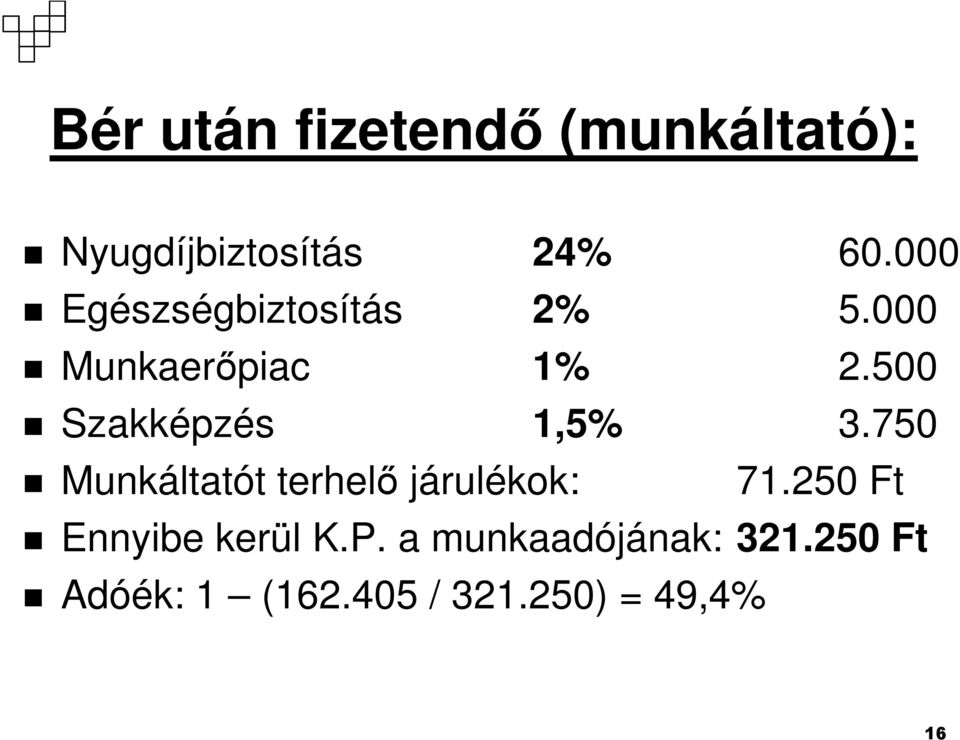 500 Szakképzés 1,5% 3.750 Munkáltatót terhelı járulékok: 71.