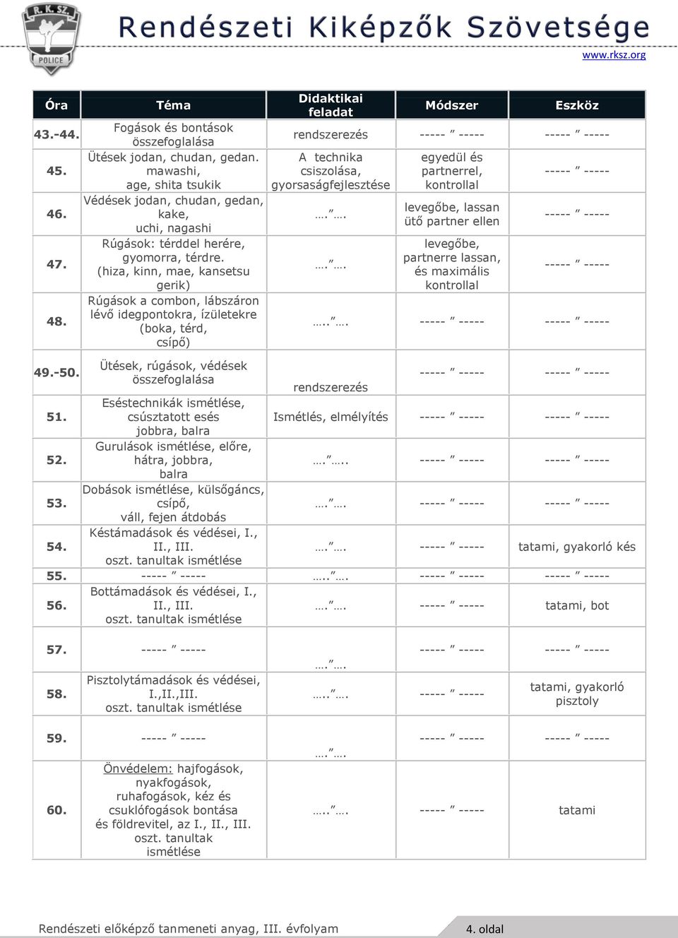 (boka, térd, csípő) A technika csiszolása, gyorsaságfejlesztése egyedül és partnerrel, levegőbe, lassan ütő partner ellen levegőbe, partnerre lassan, és maximális... 49.-50.