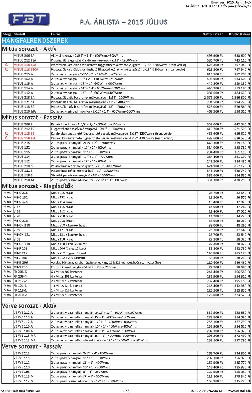 MITUS 118 FSCA Processzált kardióidba rendezhető függeszthető aktív mélysugárzó - 1x18'' -1200Wrms (rear verzió) MITUS 215 A 2-utas aktív hangfal - 2x15" + 2" - 1100Wrms+250Wrms MITUS 152 A 2-utas