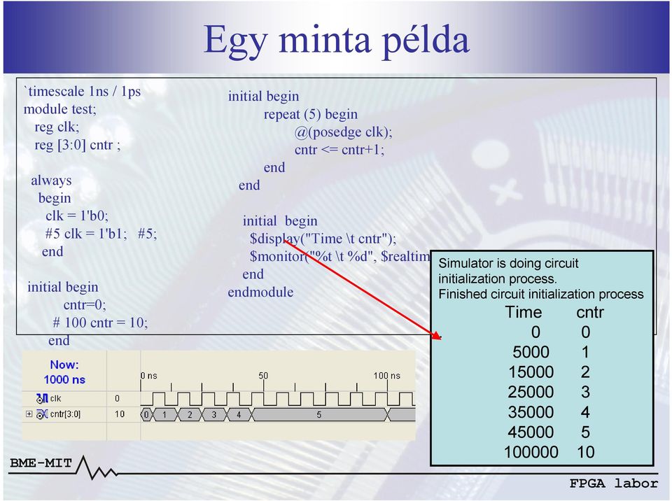 begin $display("time \t cntr"); $monitor("%t \t %d", $realtime, cntr); module Simulator is doing circuit