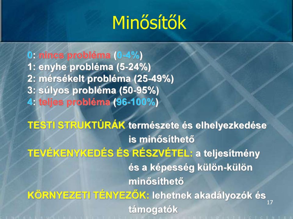 természete és elhelyezkedése is minősíthető TEVÉKENYKEDÉS ÉS RÉSZVÉTEL: a teljesítmény