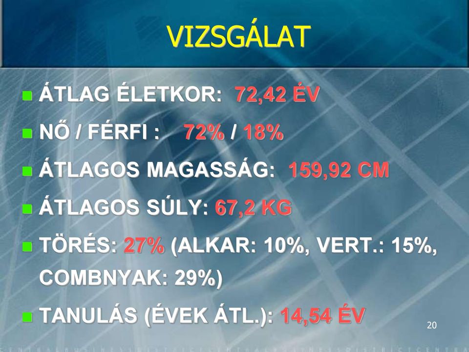 SÚLY: 67,2 KG TÖRÉS: 27% (ALKAR: 10%, VERT.