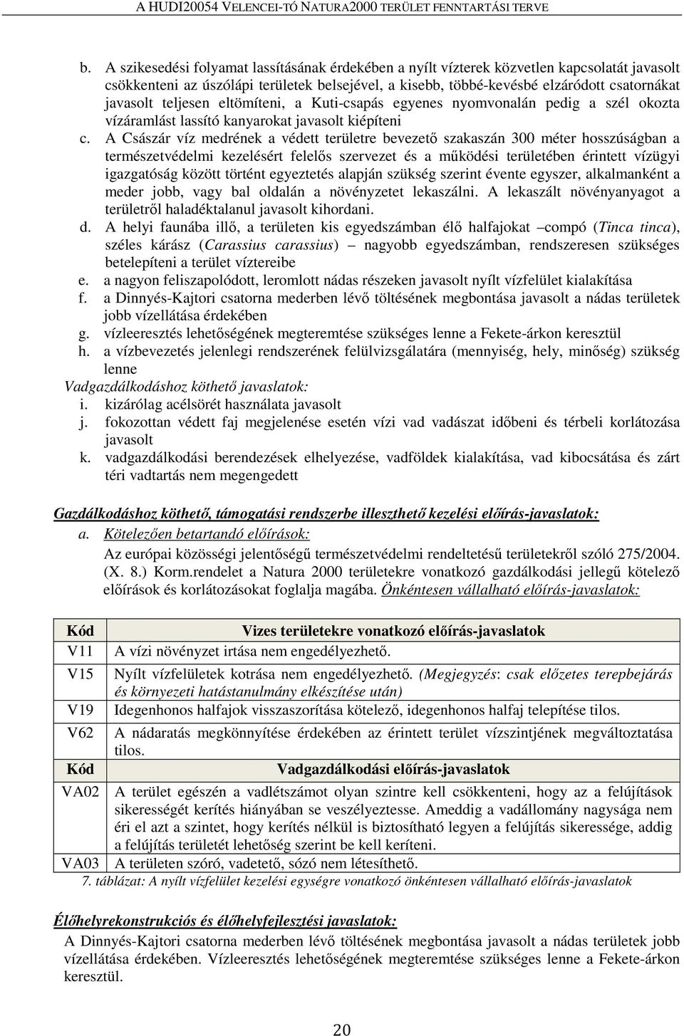 A Császár víz medrének a védett területre bevezető szakaszán 300 méter hosszúságban a természetvédelmi kezelésért felelős szervezet és a működési területében érintett vízügyi igazgatóság között