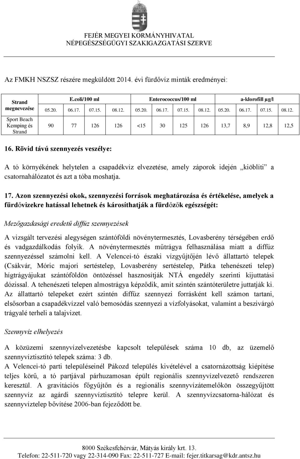 Rövid távú szennyezés veszélye: A tó környékének helytelen a csapadékvíz elvezetése, amely záporok idején kiöblíti a csatornahálózatot és azt a tóba moshatja. 17.