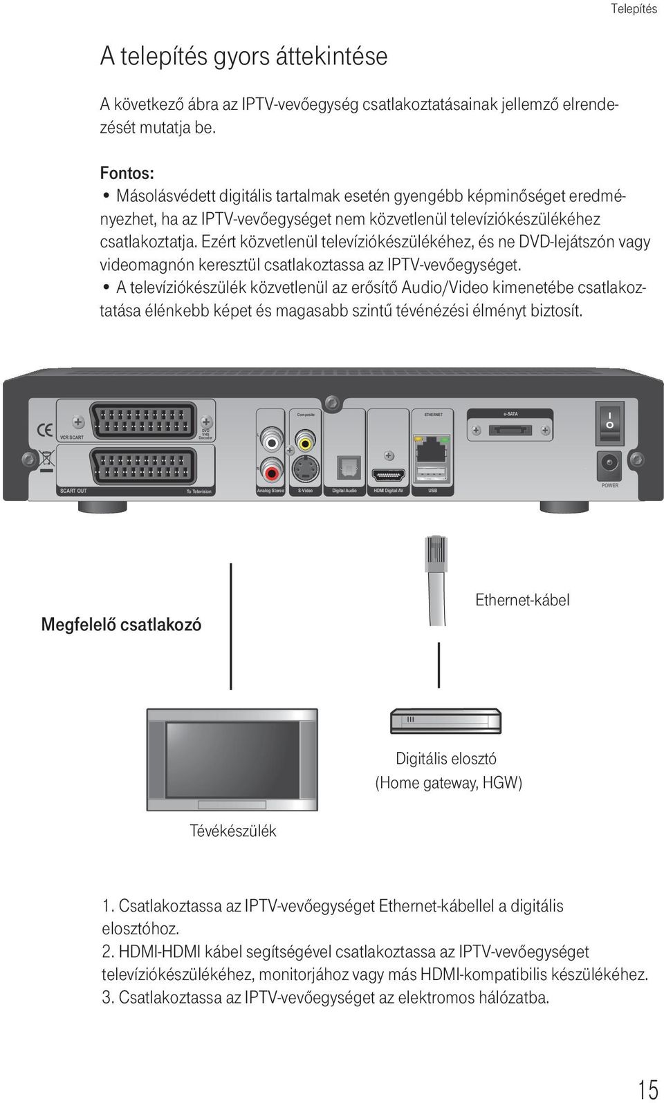 Ezért közvetlenül televíziókészülékéhez, és ne DVD-lejátszón vagy videomagnón keresztül csatlakoztassa az IPTV-vevőegységet.