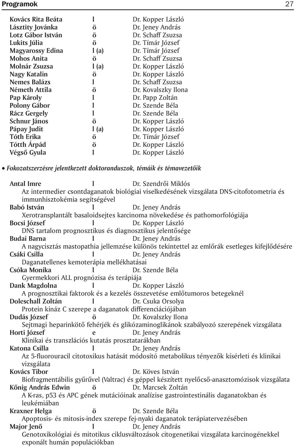 Kovalszky Ilona Pap Károly l Dr. Papp Zoltán Polony Gábor l Dr. Szende Béla Rácz Gergely l Dr. Szende Béla Schnur János ö Dr. Kopper László Pápay Judit l (a) Dr. Kopper László Tóth Erika ö Dr.