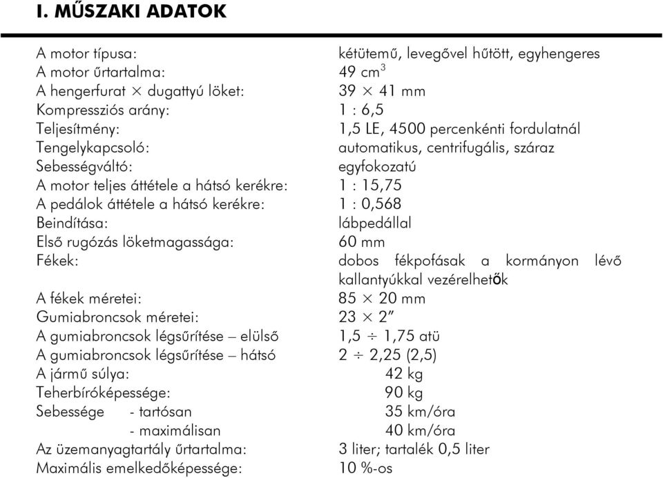 súlya: Teherbíróképessége: Sebessége - tartósan - maximálisan Az üzemanyagtartály űrtartalma: Maximális emelkedőképessége: kétütemű, levegővel hűtött, egyhengeres 49 cm 3 39 41 mm 1 : 6,5 1,5 LE,