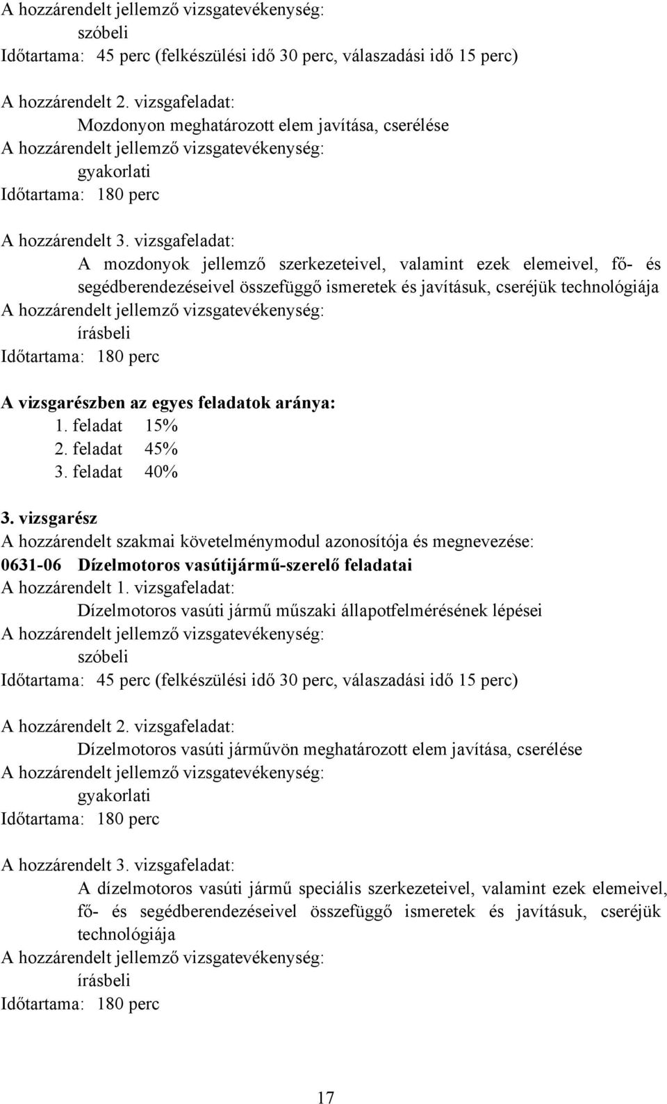 vizsgafeladat: A mozdonyok jellemző szerkezeteivel, valamint ezek elemeivel, fő és segédberendezéseivel összefüggő ismeretek és javításuk, cseréjük technológiája írásbeli Időtartama: 180 perc A