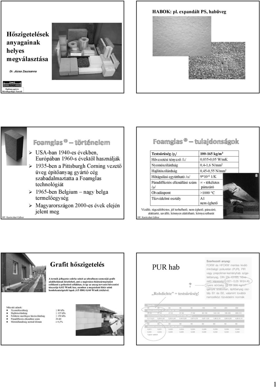 cég szabadalmaztatta a Foamglas technológiát 1965-ben Belgium nagy belga termelőegység Magyarországon 2000-es évek elején jelent meg Testsűrűség /ρ t / 100-165 kg/m 3 Hővezetési tényező /λ/