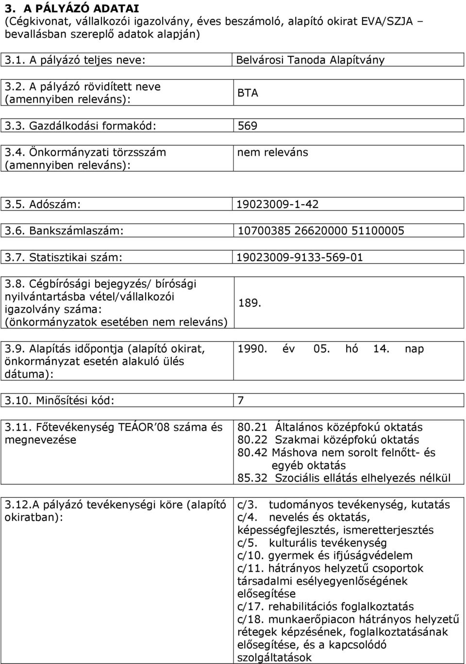 7. Statisztikai szám: 19023009-9133-569-01 3.8. Cégbírósági bejegyzés/ bírósági nyilvántartásba vétel/vállalkozói igazolvány száma: (önkormányzatok esetében ) 3.9. Alapítás időpontja (alapító okirat, önkormányzat esetén alakuló ülés dátuma): 189.