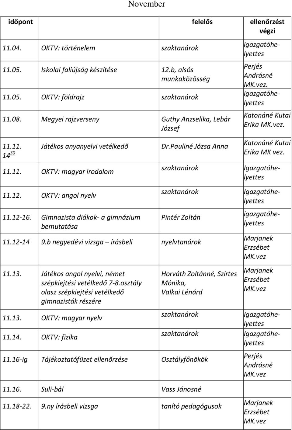 Gimnazista diákok- a gimnázium bemutatása szaktanárok szaktanárok Pintér Zoltán 11.12-14 9.b negyedévi vizsga írásbeli nyelvtanárok 11.13. Játékos angol nyelvi, német szépkiejtési vetélkedő 7-8.