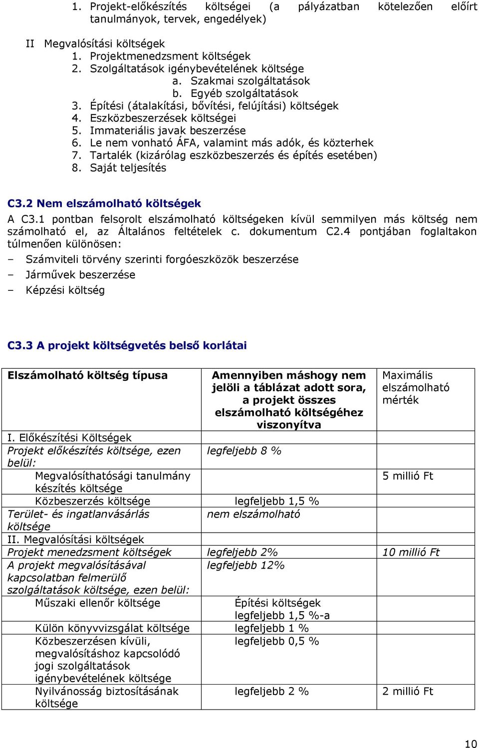 Immateriális javak beszerzése 6. Le nem vonható ÁFA, valamint más adók, és közterhek 7. Tartalék (kizárólag eszközbeszerzés és építés esetében) 8. Saját teljesítés C3.