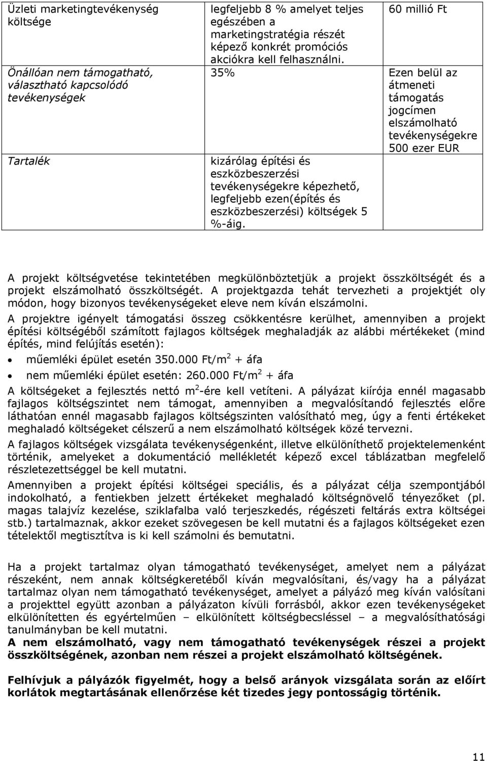 35% Ezen belül az átmeneti támogatás jogcímen elszámolható tevékenységekre kizárólag építési és eszközbeszerzési tevékenységekre képezhető, legfeljebb ezen(építés és eszközbeszerzési) költségek 5