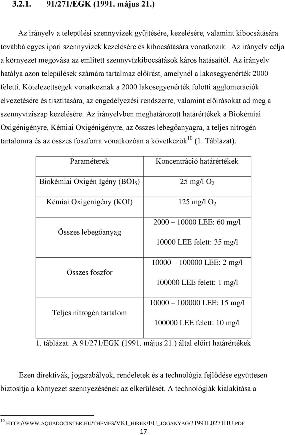 Kötelezettségek vonatkoznak a 2000 lakosegyenérték fölötti agglomerációk elvezetésére és tisztítására, az engedélyezési rendszerre, valamint előírásokat ad meg a szennyvíziszap kezelésére.