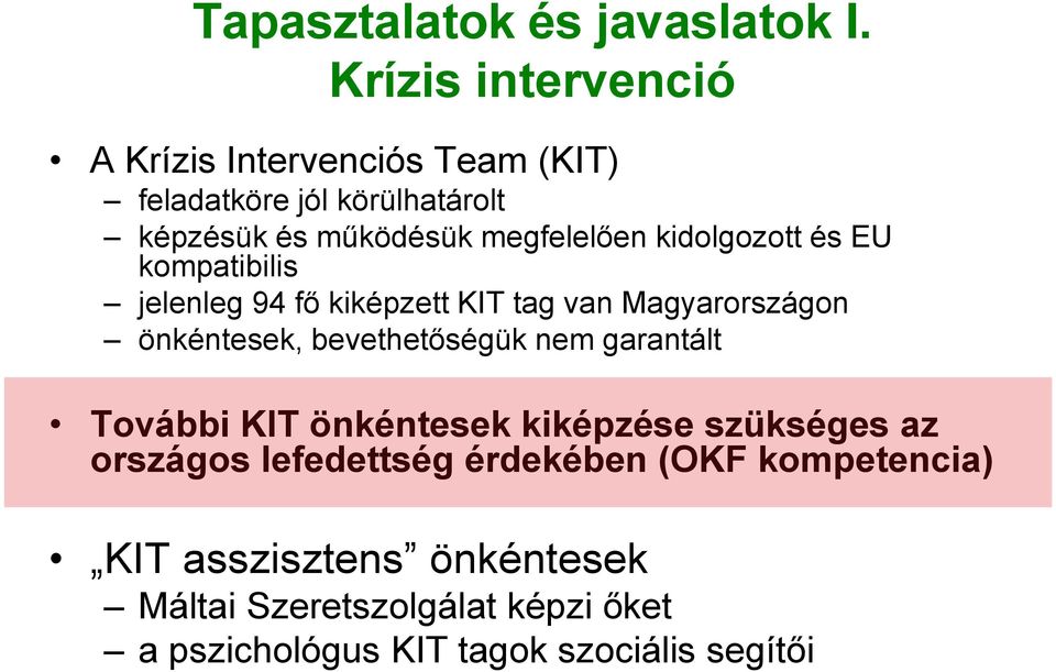 kidolgozott és EU kompatibilis jelenleg 94 fő kiképzett KIT tag van Magyarországon önkéntesek, bevethetőségük nem