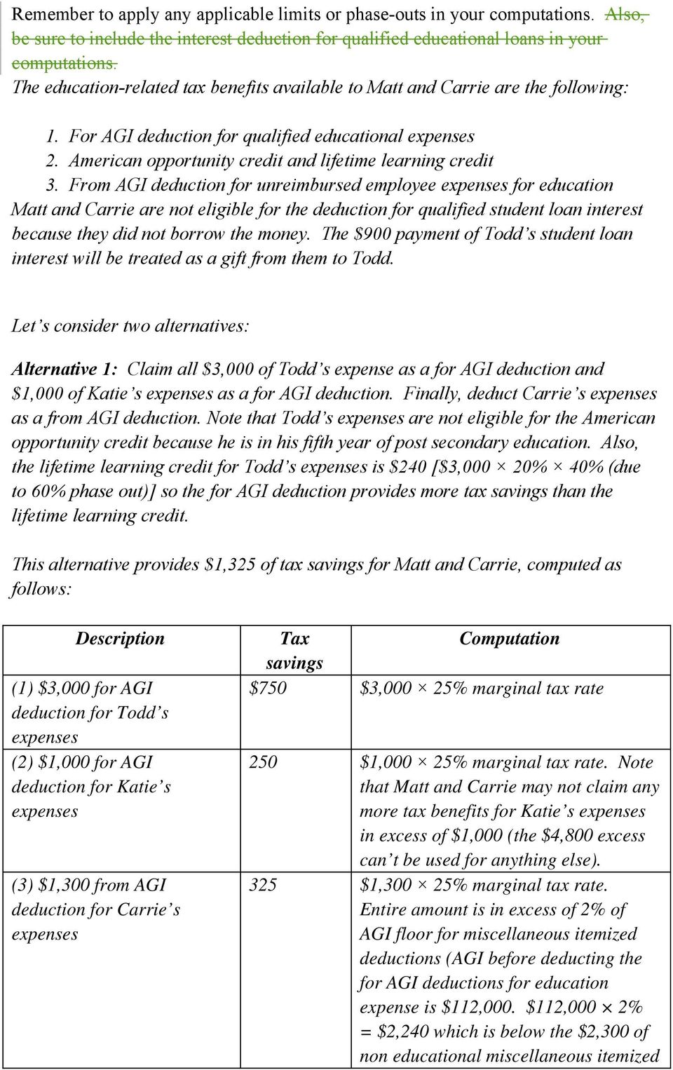 From AGI deduction for unreimbursed employee for education Matt and Carrie are not eligible for the deduction for qualified student loan interest because they did not borrow the money.