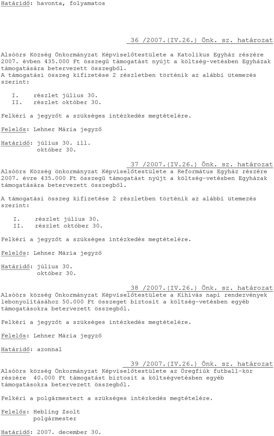 II. részlet október 30. Felkéri a t a szükséges intézkedés megtételére. Határidő: július 30. ill. október 30. 37 /2007.(IV.26.) Önk. sz. határozat Alsóörs Község önkormányzat Képviselőtestülete a Református Egyház részére 2007.