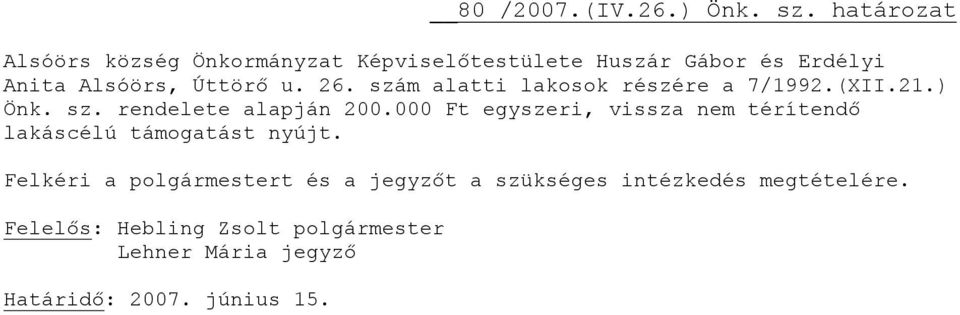 Alsóörs, Úttörő u. 26. szám alatti lakosok részére a 7/1992.(XII.21.) Önk. sz. rendelete alapján 200.