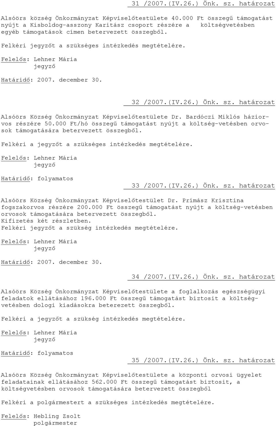 Határidő: 2007. december 30. 32 /2007.(IV.26.) Önk. sz. határozat Alsóörs Község Önkormányzat Képviselőtestülete Dr. Bardóczi Miklós háziorvos részére 50.