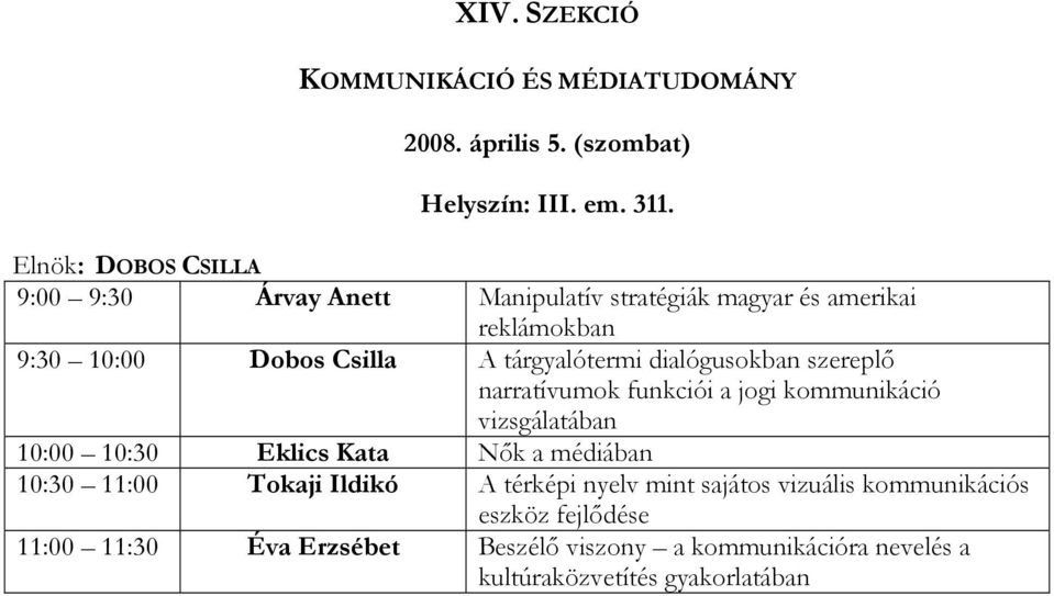 dialógusokban szereplı narratívumok funkciói a jogi kommunikáció vizsgálatában 10:00 10:30 Eklics Kata Nık a médiában 10:30 11:00