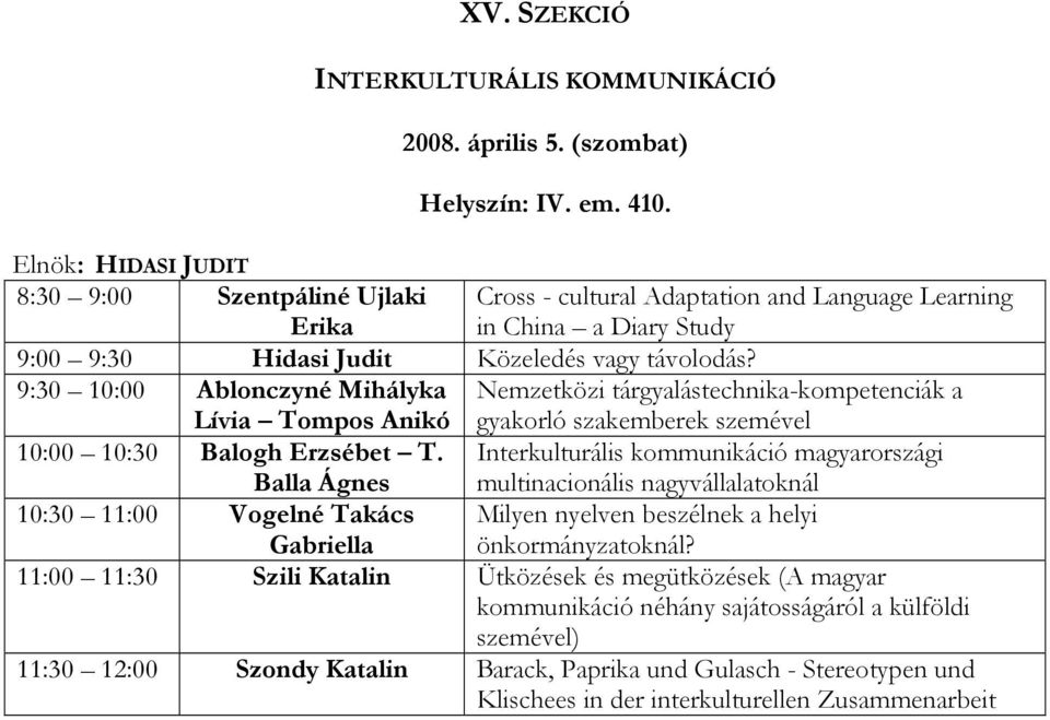 9:30 10:00 Ablonczyné Mihályka Lívia Tompos Anikó Nemzetközi tárgyalástechnika-kompetenciák a gyakorló szakemberek szemével 10:00 10:30 Balogh Erzsébet T.