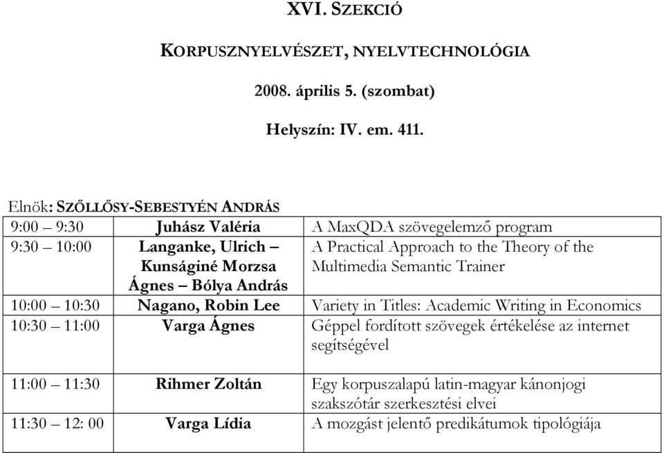 Theory of the Multimedia Semantic Trainer Ágnes Bólya András 10:00 10:30 Nagano, Robin Lee Variety in Titles: Academic Writing in Economics 10:30 11:00 Varga