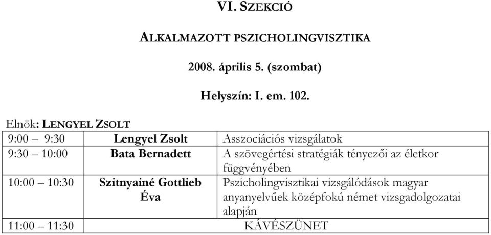 Bernadett A szövegértési stratégiák tényezıi az életkor függvényében 10:00 10:30 Szitnyainé