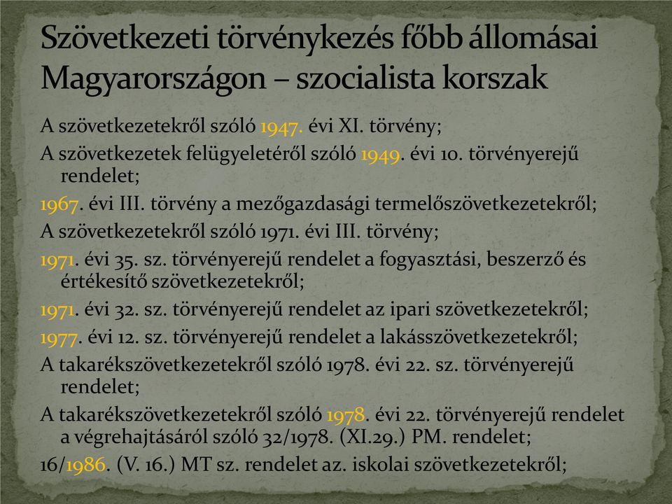 évi 32. sz. törvényerejű rendelet az ipari szövetkezetekről; 1977. évi 12. sz. törvényerejű rendelet a lakásszövetkezetekről; A takarékszövetkezetekről szóló 1978. évi 22. sz. törvényerejű rendelet; A takarékszövetkezetekről szóló 1978.