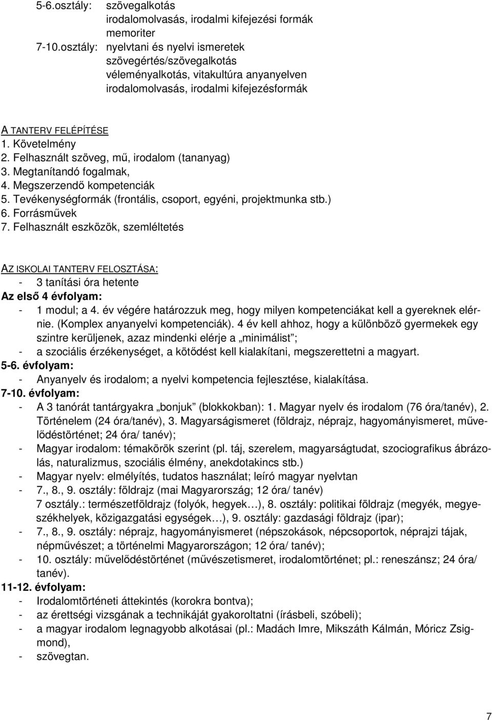 Felhasznált szöveg, mű, irodalom (tananyag) 3. Megtanítandó fogalmak, 4. Megszerzendő kompetenciák 5. Tevékenységformák (frontális, csoport, egyéni, projektmunka stb.) 6. Forrásművek 7.