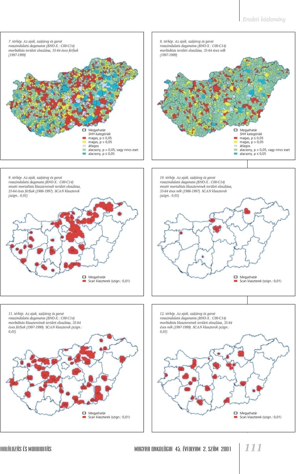 Az ajak, szájüreg és garat miatti mortalitás klasztereinek területi eloszlása, 35-64 éves nôk (1986-1997). SCAN klaszterek (szign.: 0,01) Scan klaszterek (szign.: 0,01) Scan klaszterek (szign.: 0,01) 11.