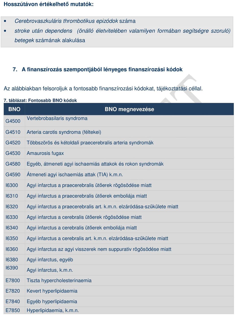 táblázat: Fontosabb BNO kódok BNO Vertebrobasilaris syndroma G4500 BNO megnevezése G4510 G4520 G4530 G4580 G4590 I6300 I6310 I6320 I6330 I6340 I6350 I6360 I6380 I6390 E7800 E7820 E7840 E7850 Arteria