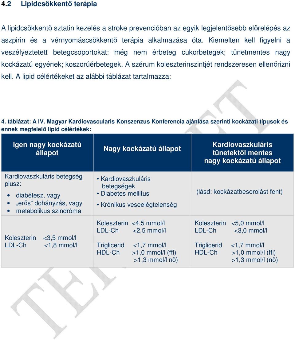 A szérum koleszterinszintjét rendszeresen ellenırizni kell. A lipid célértékeket az alábbi táblázat tartalmazza: 4. táblázat: A IV.